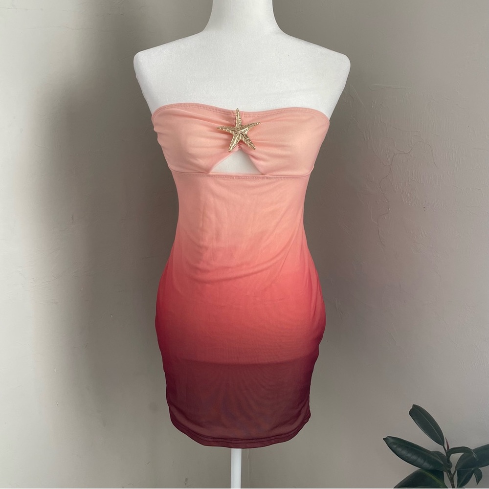 SHEIN Strapless Pink to Red Ombre Dress with Starfish Detail